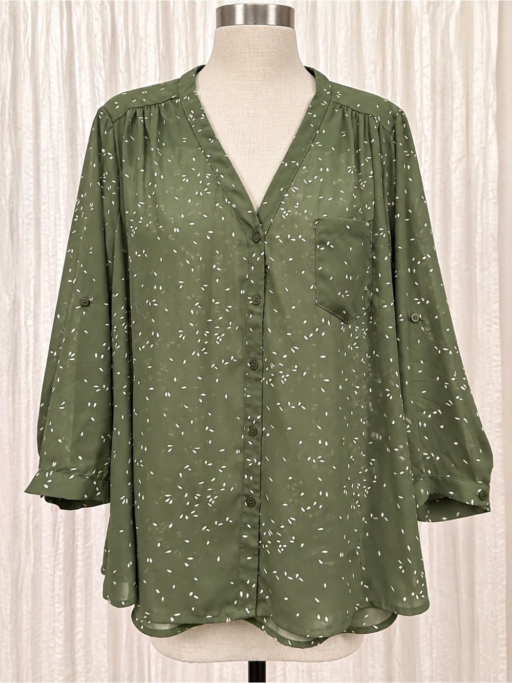 fun 2 fun Olive Green Button-Front Printed Blouse